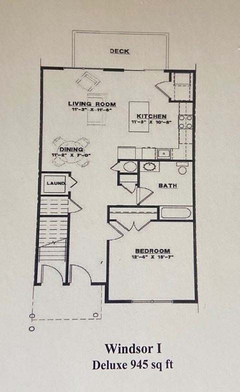 Floor plan for 1 bed, 1 bath, 945 sqft